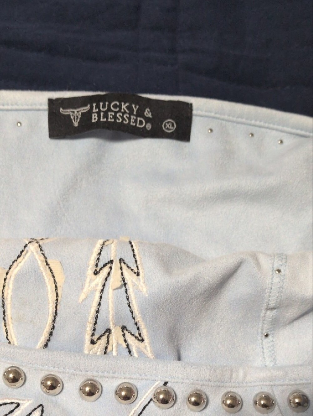 Lucky & Blessed Pale Blue Suede Embroidered Fringe Halter - Picture 2 of 4